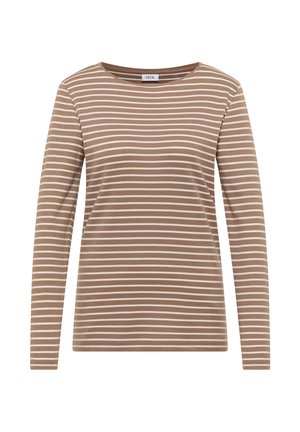 Langarm-T-Shirt aus weichem, dehnbarem Stoff. Brauner Grundton mit feinen weißen horizontalen Streifen. Rundhals, taillierte Form und mittlere Dicke.