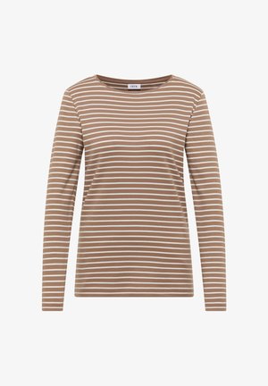 Camiseta de manga larga en tejido suave y elástico. Base marrón con finas rayas horizontales blancas. Escote redondo, forma ajustada y grosor medio.