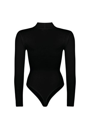 Bodysuit negro de manga larga con cuello alto, diseño ajustado y construcción sin costuras; hecho de una tela suave y elástica.