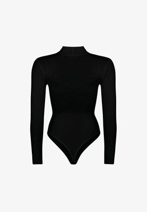 Bodysuit negro de manga larga con cuello alto, diseño ajustado y construcción sin costuras; hecho de una tela suave y elástica.
