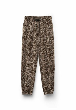 Jogging en imprimé léopard marron et noir, avec une taille élastique dotée d'un cordon de serrage et des poignets fuselés aux chevilles.