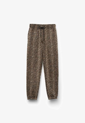 Pantaloni da tuta con stampa leopardata in marrone e nero, dotati di una vita elasticizzata con cordino e polsini affusolati alle caviglie.