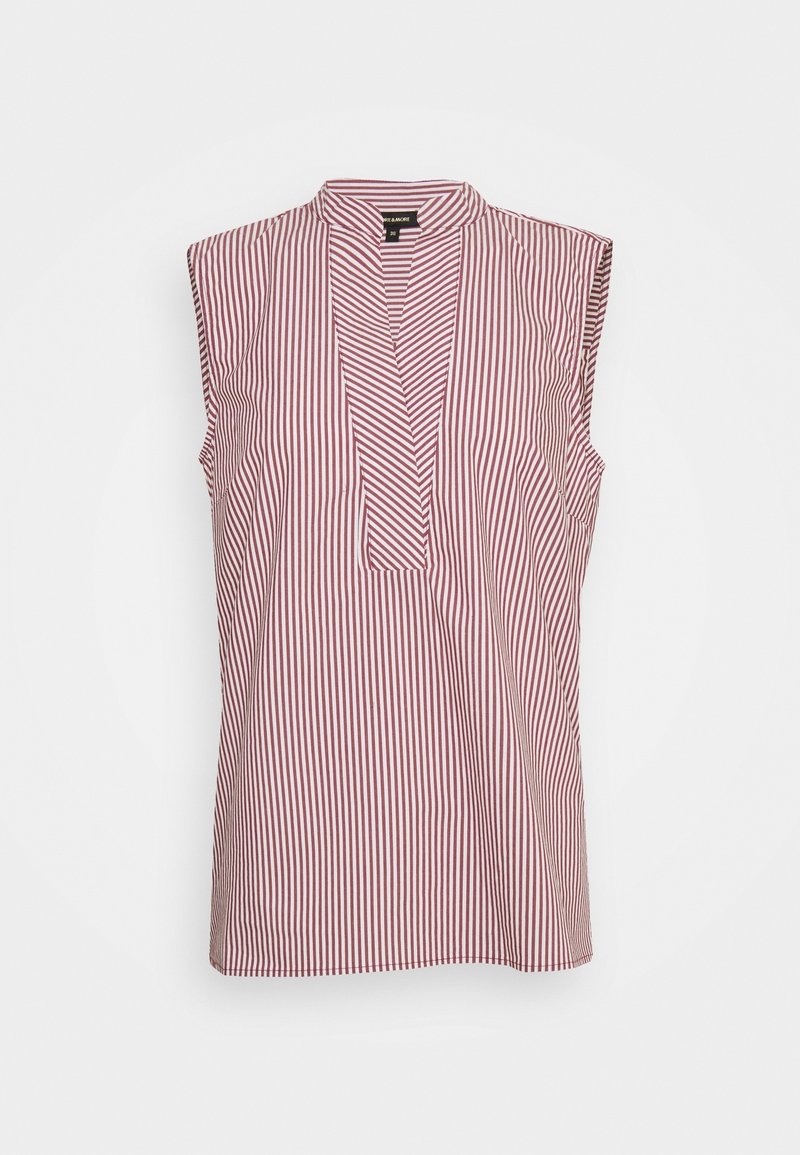 Blouse sans manches rayée rouge et blanche, avec un décolleté en V et une coupe décontractée, fabriquée en tissu léger.