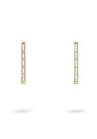 Gold-Vermeil-Ohrringe mit einem vertikalen Stabdesign, besetzt mit sieben klaren, rechteckig geschliffenen Steinen, die in einer Linie angeordnet sind.