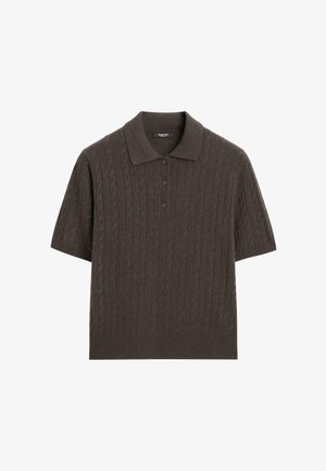 Short-sleeve polo shirt in dark brown, featuring a cable knit texture, three-button placket, and classic collar.