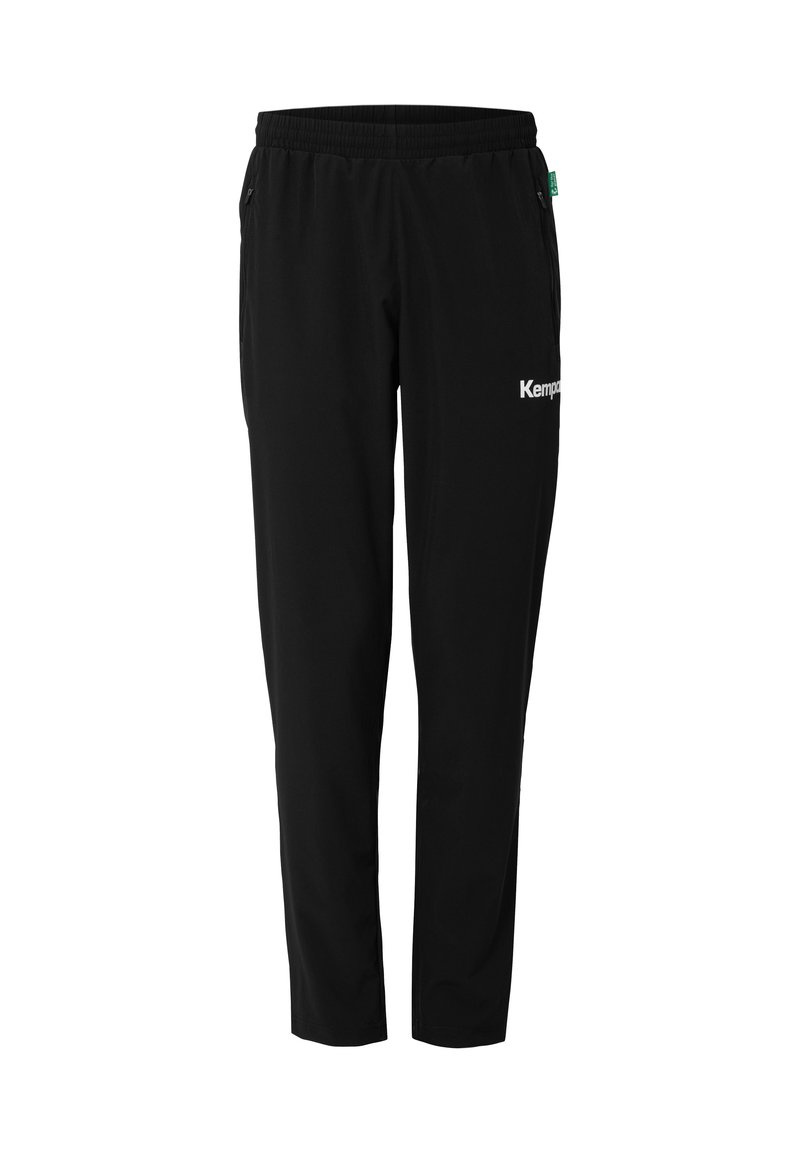 Zwarte sportleggings met een elastische tailleband, slim fit, zijzakken en een wit logo op de dij. Gemaakt van lichtgewicht, zacht materiaal.