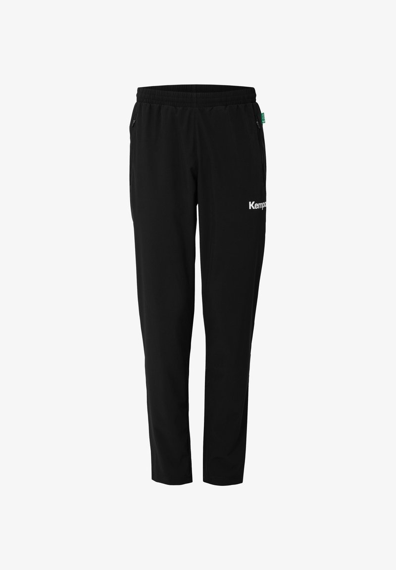 Sorte atletiske bukser med elastisk talje, slim fit, sidelommer og et hvidt logo på låret. Fremstillet af letvægts, blødt materiale.