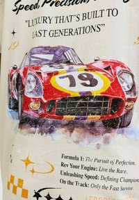 Rode vintage racewagen met nummer 79, omgeven door race-gerelateerde tekst die luxe, snelheid en precisie benadrukt op een lichte achtergrond.