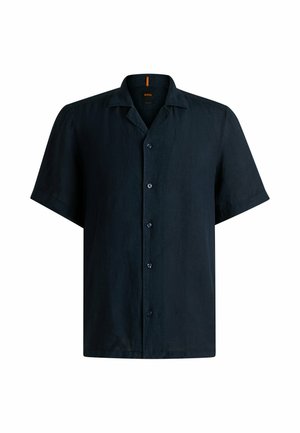 Korte mouwen, donker marineblauwe overhemden gemaakt van linnen. Voorzien van een camp collar en vijf knopen aan de voorkant. Soepele textuur, ontspannen pasvorm.