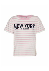 Rosa och vita randiga kortärmad t-shirt i bomull, med texten "NEW YORK IS CALLING" i fet marinblå text över bröstet.