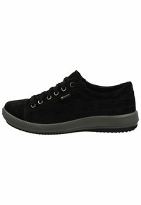 Black suede sneaker with lace closure, gray rubber outsole, metal eyelets, and Gore-Tex logo. Features a low-profile design with a rounded toe.