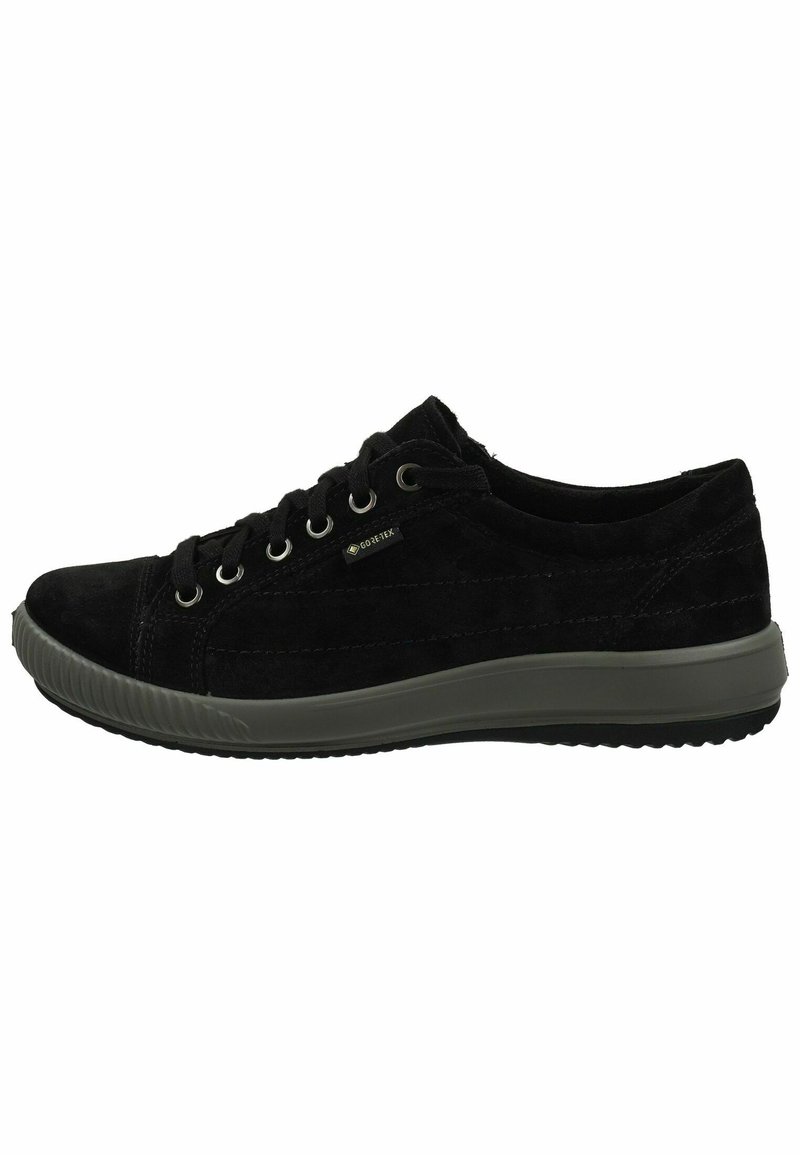 Black suede sneaker with lace closure, gray rubber outsole, metal eyelets, and Gore-Tex logo. Features a low-profile design with a rounded toe.