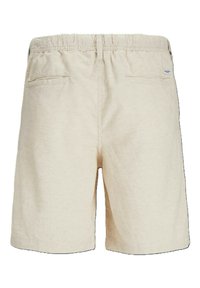 Pantaloni corti in lino beige con vita elasticizzata, due tasche posteriori e un tessuto leggermente strutturato. Design semplice e funzionale.