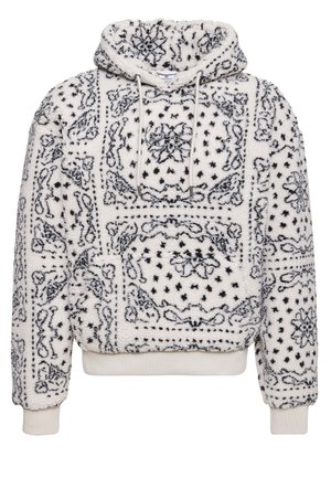 Sudadera con capucha de sherpa blanco con estampado de bandana negro, bolsillo canguro delantero, capucha con cordón y puños y dobladillo acanalados.