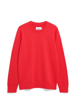 Rode katoenen trui met lange mouwen en een ronde halslijn. Voorzien van een klein logo geborduurd op de borst. Gladde textuur, comfortabele pasvorm.