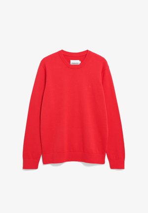 Roter Baumwollpullover mit langen Ärmeln und rundem Ausschnitt. Mit einem kleinen, auf der Brust gestickten Logo. Glatte Textur, lässige Passform.