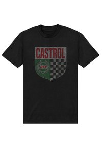 Svart t-shirt med en vintage-stil grafik som har "CASTROL" i rött, en grön bakgrund, rutigt mönster och "GTX" i mitten.