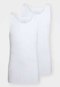 Dos camisetas de algodón blancas sin mangas con cuellos redondos. Textura suave, diseño ajustado y apariencia minimalista.