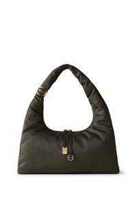 Hobo-Tasche aus dunkelgrünem, strukturiertem Material mit gepolstertem, geschwungenem Griff. Verfügt über einen Doppelreißverschluss und goldfarbene Akzente.