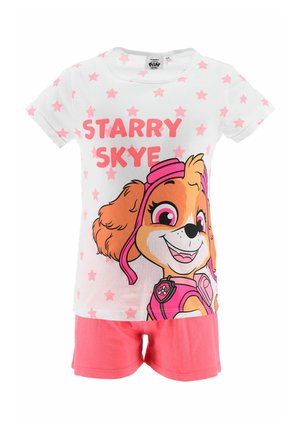 Weißes und pinkes Kinderoutfit mit pinken Sternen, dem Text "Starry Skye" und einem lächelnden Cartoon-Hund, der pinke Schutzbrillen und Uniform trägt.