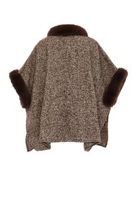 Brun herringbone poncho med en mjuk, pälsliknande krage och manschetter. Den har en lös passform, öppna sidor och en texturerad design.