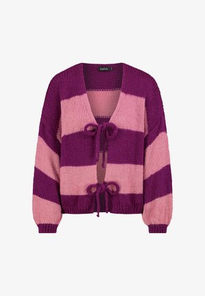 Knitted cardigan with purple and pink stripes, open front, features tie closures, long sleeves, and ribbed cuffs and hem.