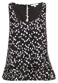 Top senza maniche nero con pois bianchi, caratterizzato da un orlo plissettato a strati e un collo rotondo con chiusura a zip sul retro.