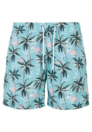 Turquoise swim shorts with a palm tree and flamingo pattern, featuring an elastic waistband with drawstring and lightweight fabric.