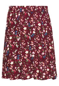 Gonna floreale bordeaux con vita elastica, caratterizzata da un design plissettato. La stampa include piccoli fiori bianchi, rosa e blu su uno sfondo scuro.