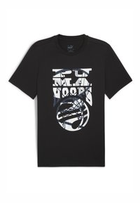 Sort bomulds t-shirt med et stort hvidt grafisk design med lagdelt tekst og et cirkulært mønster. Kortærmet og med rund hals.