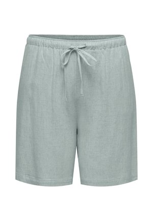 Lys grå fritidsshorts med elastisk midjebånd og justerbar snor, laget av mykt teksturert stoff.