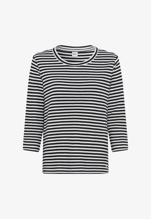Haut rayé noir et blanc à manches trois-quarts avec un col rond. Conçu dans un tissu tricoté à la texture lisse.