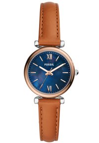 Fossil watch with a round blue face and rose gold-tone bezel. Features a brown leather strap and Roman numeral markers at 6 and 12.