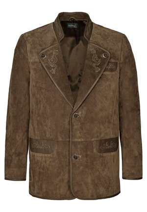 Brun ruskindjakke med broderede detaljer på kraven og lommerne. Har et enkeltrækket design og to knapper.