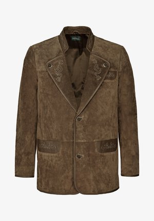 Brun ruskindjakke med broderede detaljer på kraven og lommerne. Har et enkeltrækket design og to knapper.