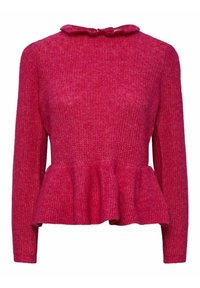 Pull en tricot rose avec des manches longues, un col rond et un ourlet en peplum. Présente une texture subtile et un petit détail de nœud au col.