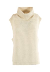 Gilet in maglia senza maniche di colore crema con colletto alto a dolcevita e texture a coste.