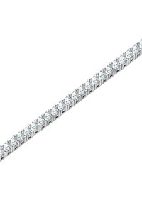 Srebrna bransoletka z rzędem okrągłych, przezroczystych kamieni szlachetnych, z osadzeniem w miejscach oraz gładkim, wypolerowanym wykończeniem.