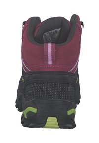 Scarpa da trekking marrone scuro e nera con collare imbottito, tessuto texturizzato e suola in gomma. Presenta dettagli riflettenti e componenti verdi.
