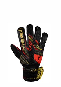 Schwarze Torwarthandschuhe mit roten und goldenen Akzenten, ausgestattet mit einer strukturierten Griffoberfläche und einem gemusterten Design auf dem Handrücken für verbesserte Kontrolle.