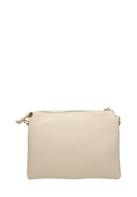Borsa a busta in pelle beige con una texture liscia, forma rettangolare, zip superiore e un anello laterale per il trasporto. Design semplice e versatile.