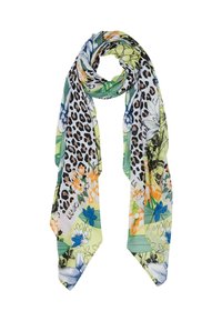 Scarf leggero e rettangolare con un motivo floreale e maculato leopardato, con accenti verdi, blu e arancioni su uno sfondo bianco.