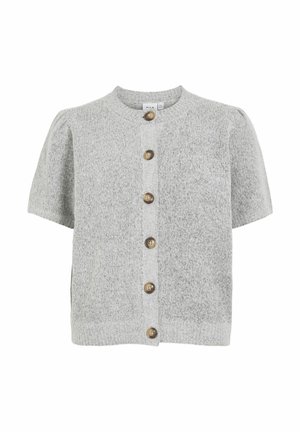 Pelēks īss piedurkņu kardigans ar apaļu kakla izgriezumu, kuram ir piecu brūnu pogu saspraude un teksturēts dzijas audums.