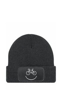 Black knit beanie with ribbed texture. Features a rectangular patch with a white bicycle graphic and smiley face underneath.