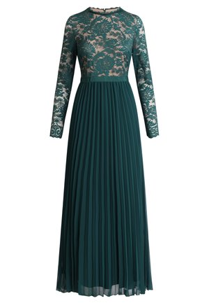 Abito lungo verde scuro con maniche lunghe in pizzo, corsetto in pizzo floreale e gonna in chiffon plissettata.