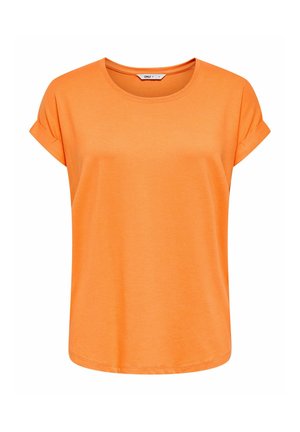 Short-sleeve orange crew neck T-shirt with rolled cuffs and soft fabric, displayed against a white background.