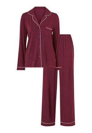 Conjunto de pijama burdeos con una camisa de botón de manga larga y pantalones a juego. Presenta ribetes blancos y un bolsillo en el pecho, hecho de tela suave.