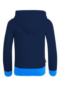 Navy blue hoodie with a drawstring hood, ribbed blue hem, and cuffs. Smooth texture, back view with a small flag accent on the side.