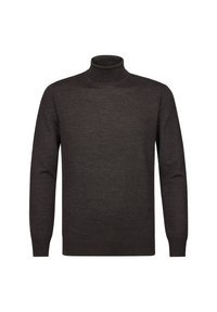 Dunkelgrauer Rollkragenpullover aus weicher Wolle, mit langen Ärmeln und taillierter Passform, die mit gerippten Akzenten am Kragen und den Bündchen versehen ist.