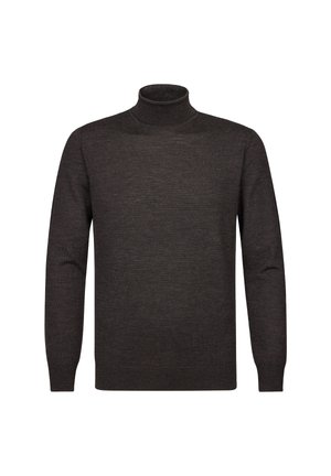 Maglione dolcevita grigio scuro realizzato in morbida lana, con maniche lunghe e un design aderente, caratterizzato da dettagli a costine al collo e ai polsini.